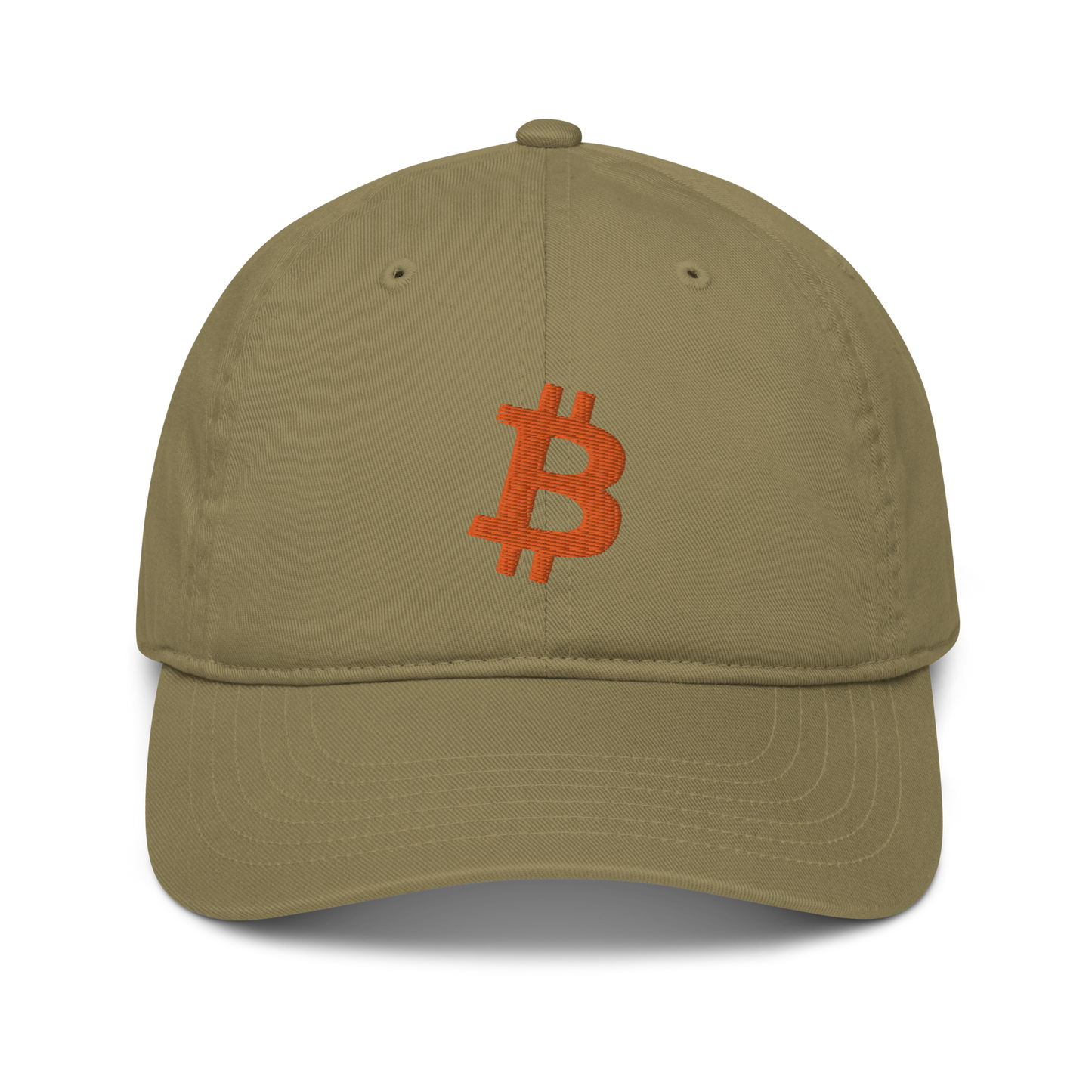 Front view of a jungle colored bitcoin dad hat.