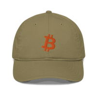 Front view of a jungle colored bitcoin dad hat.