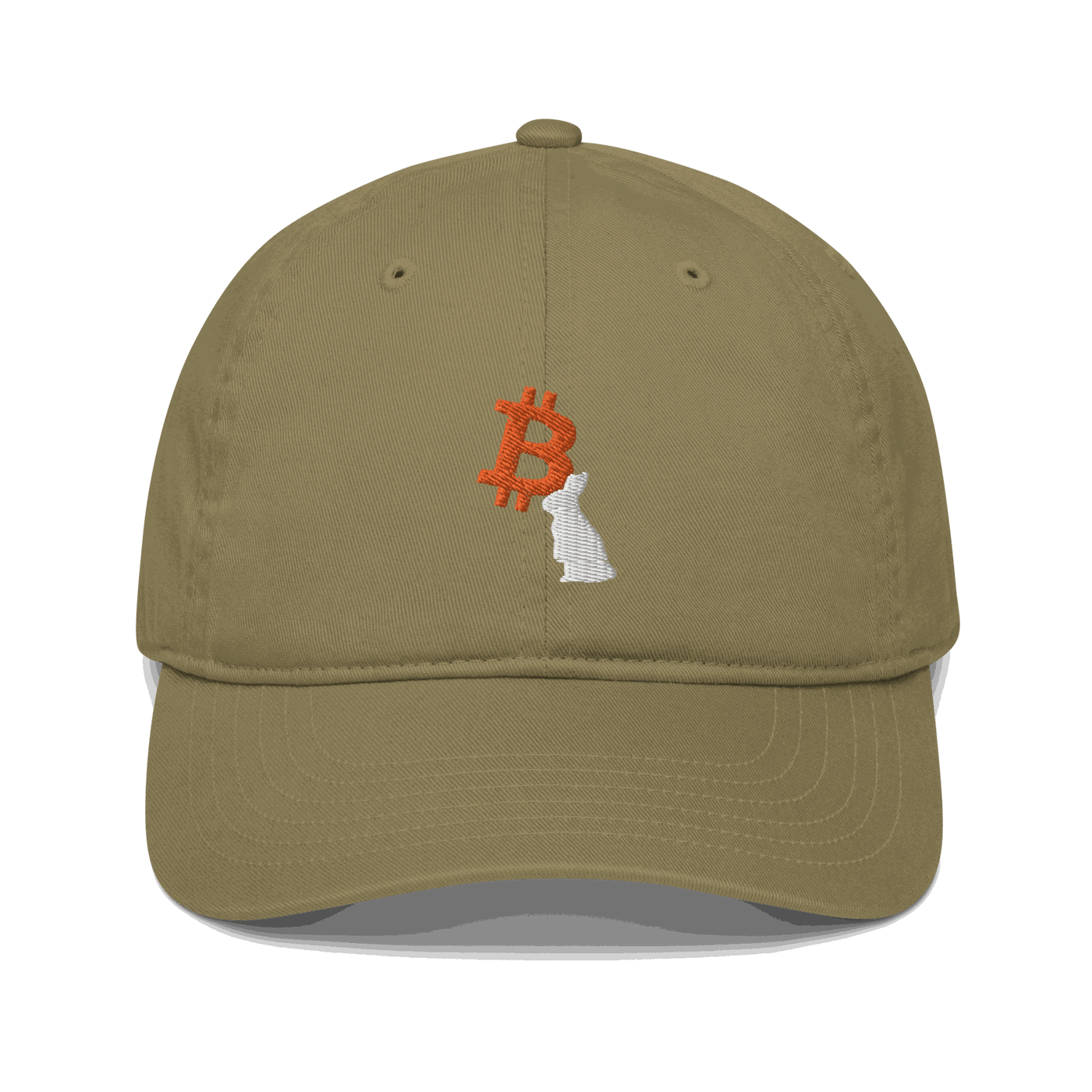 Front view of a jungle colored bitcoin dad hat.