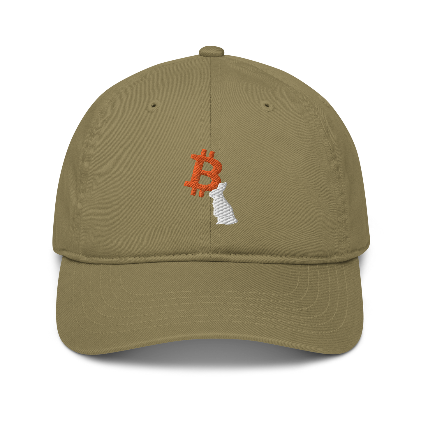 Front view of a jungle colored bitcoin dad hat.