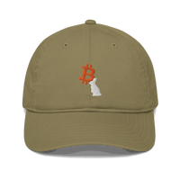 Front view of a jungle colored bitcoin dad hat.