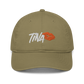 Front view of a jungle colored bitcoin dad hat.