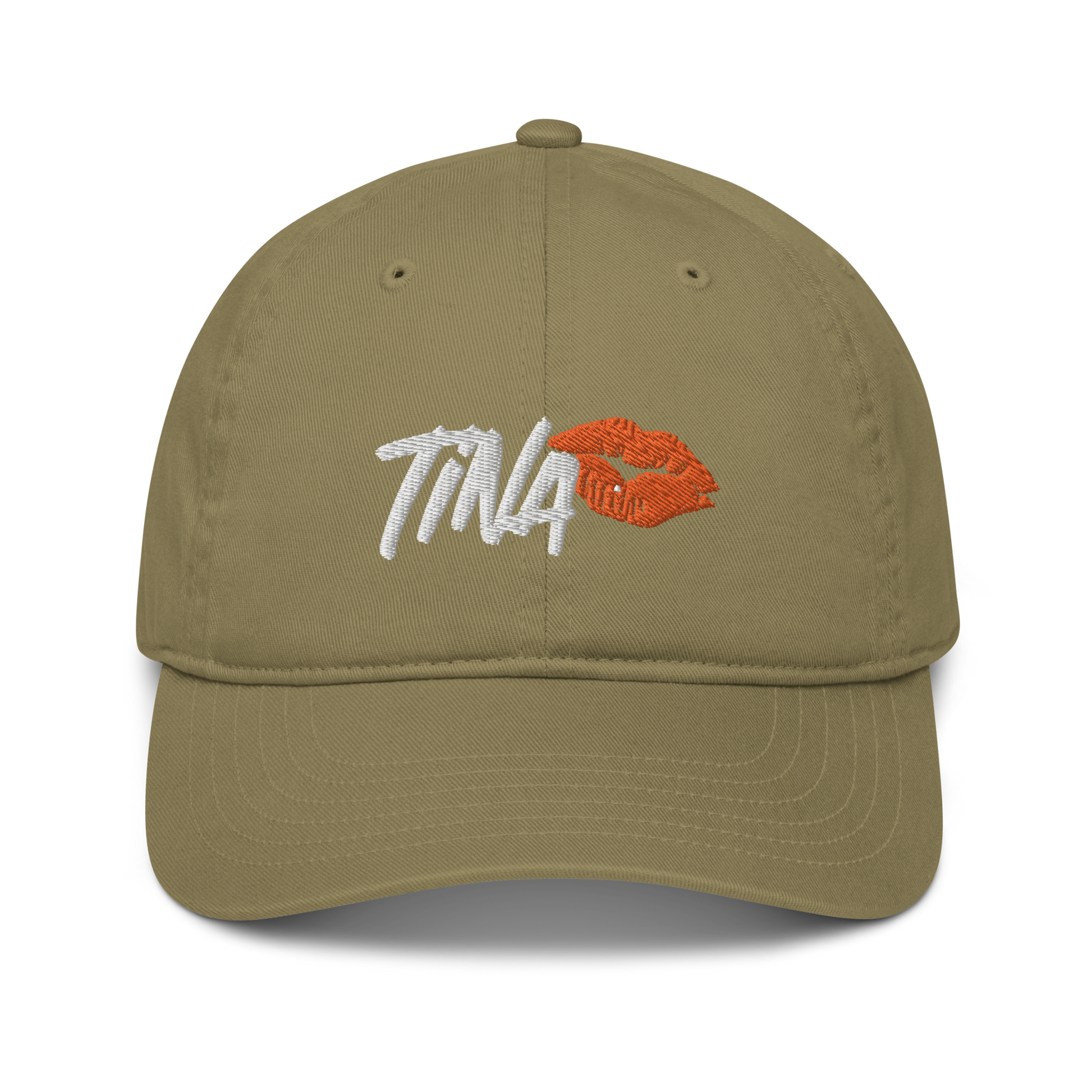 Front view of a jungle colored bitcoin dad hat.