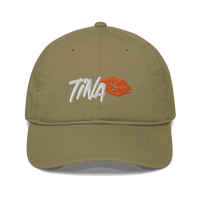 Front view of a jungle colored bitcoin dad hat.
