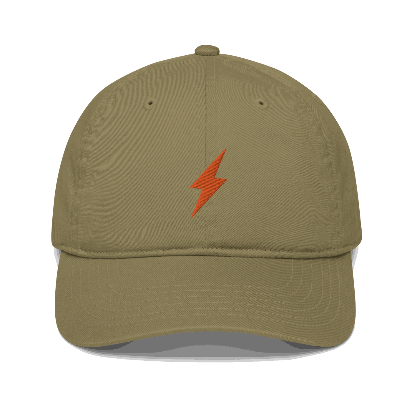 Front view of a jungle colored bitcoin dad hat.
