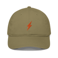 Front view of a jungle colored bitcoin dad hat.