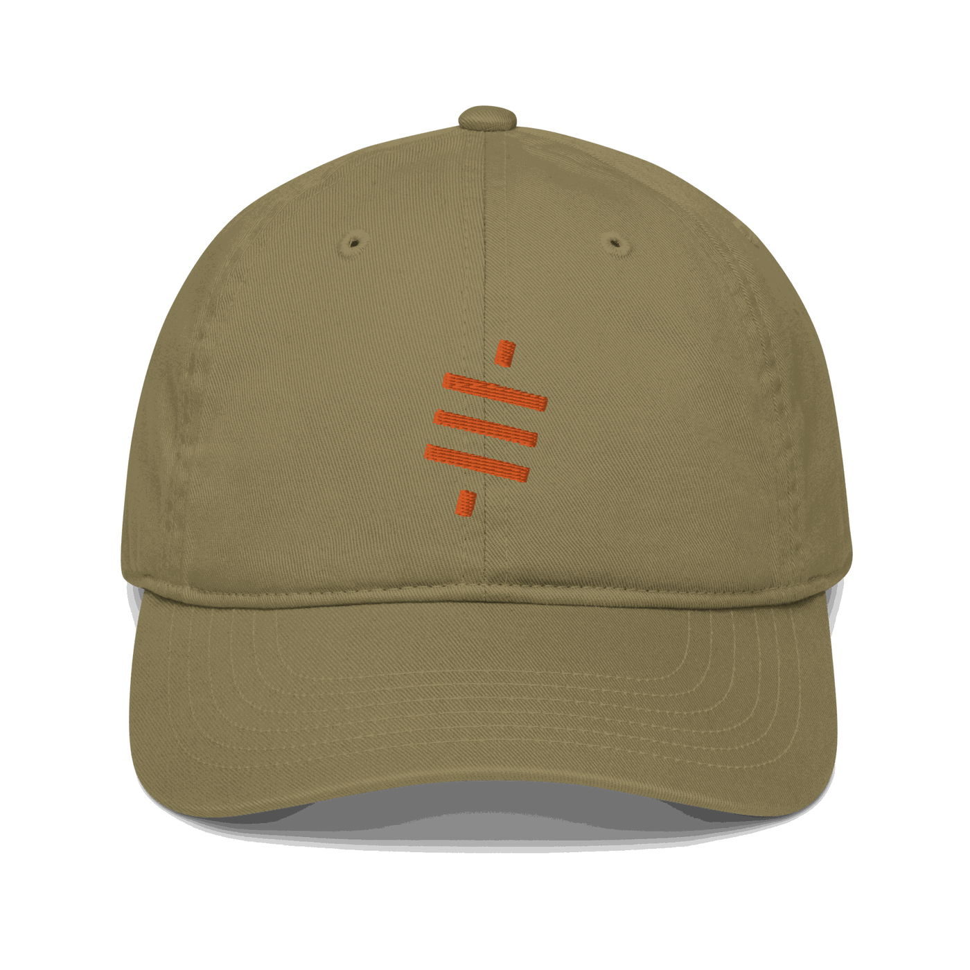 Front view of a jungle colored bitcoin dad hat.