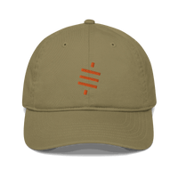 Front view of a jungle colored bitcoin dad hat.