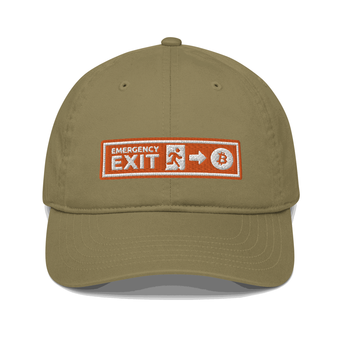 Front view of a jungle colored bitcoin dad hat.