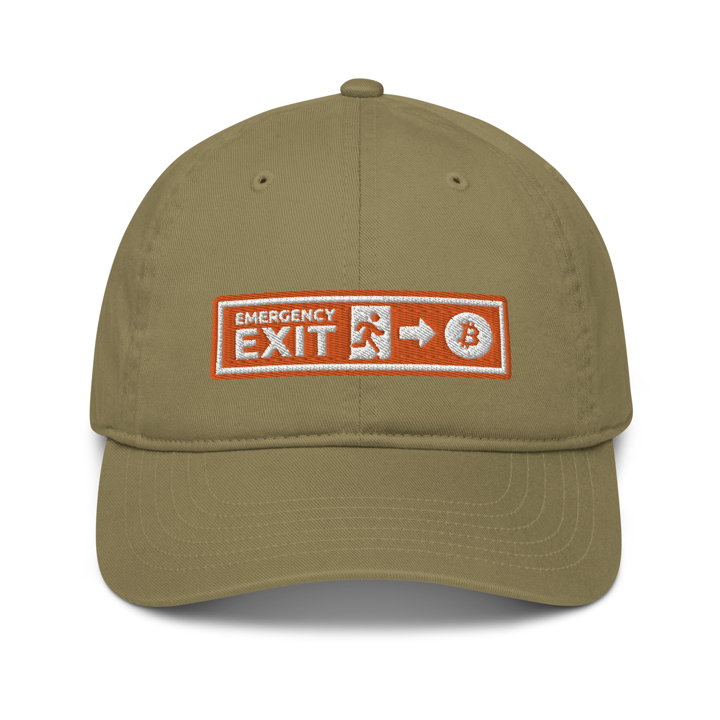 Front view of a jungle colored bitcoin dad hat.