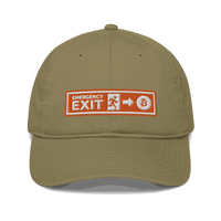 Front view of a jungle colored bitcoin dad hat.