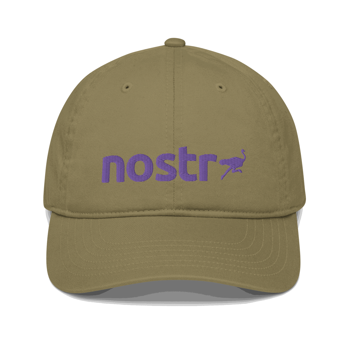 Front view of a jungle colored nostr dad hat.