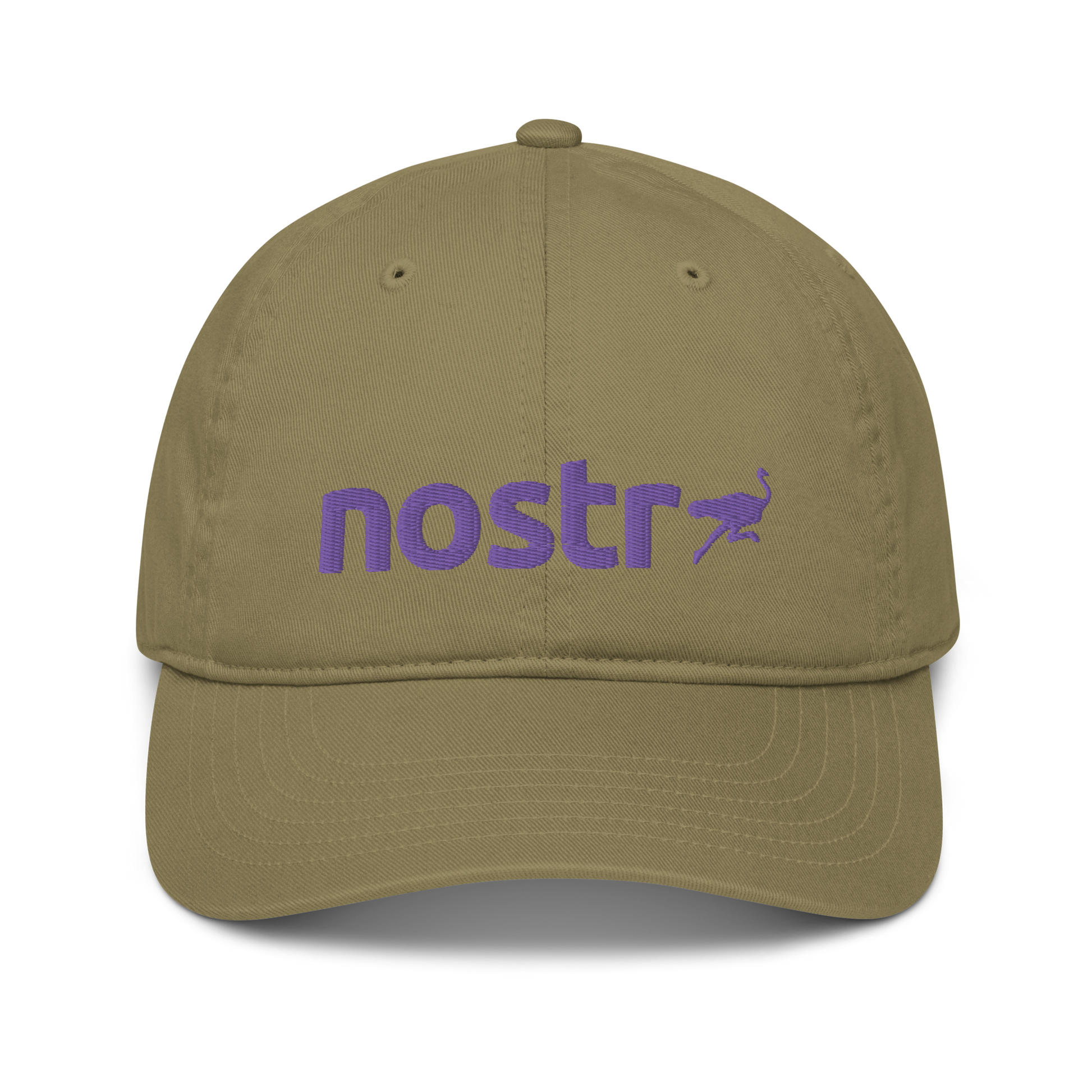 Front view of a jungle colored nostr dad hat.