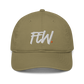 Front view of a jungle colored bitcoin dad hat.