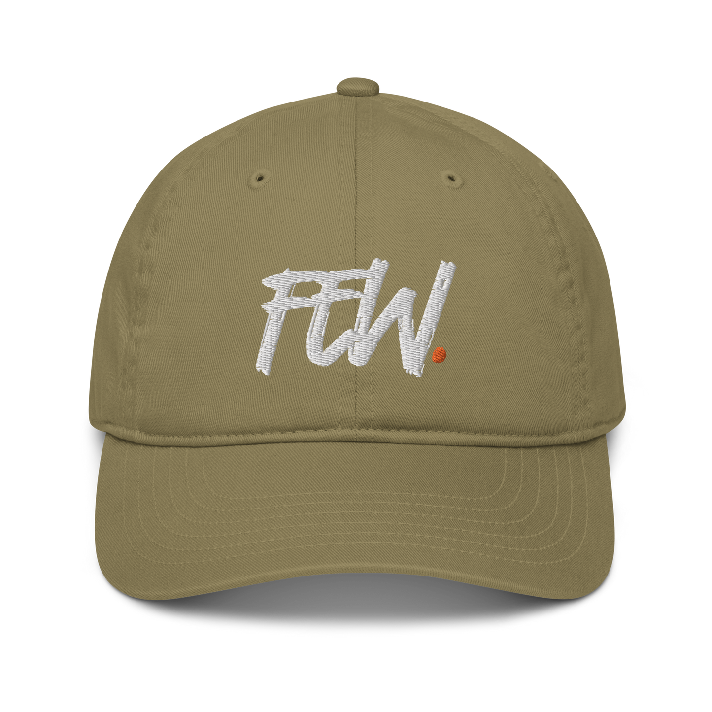 Front view of a jungle colored bitcoin dad hat.