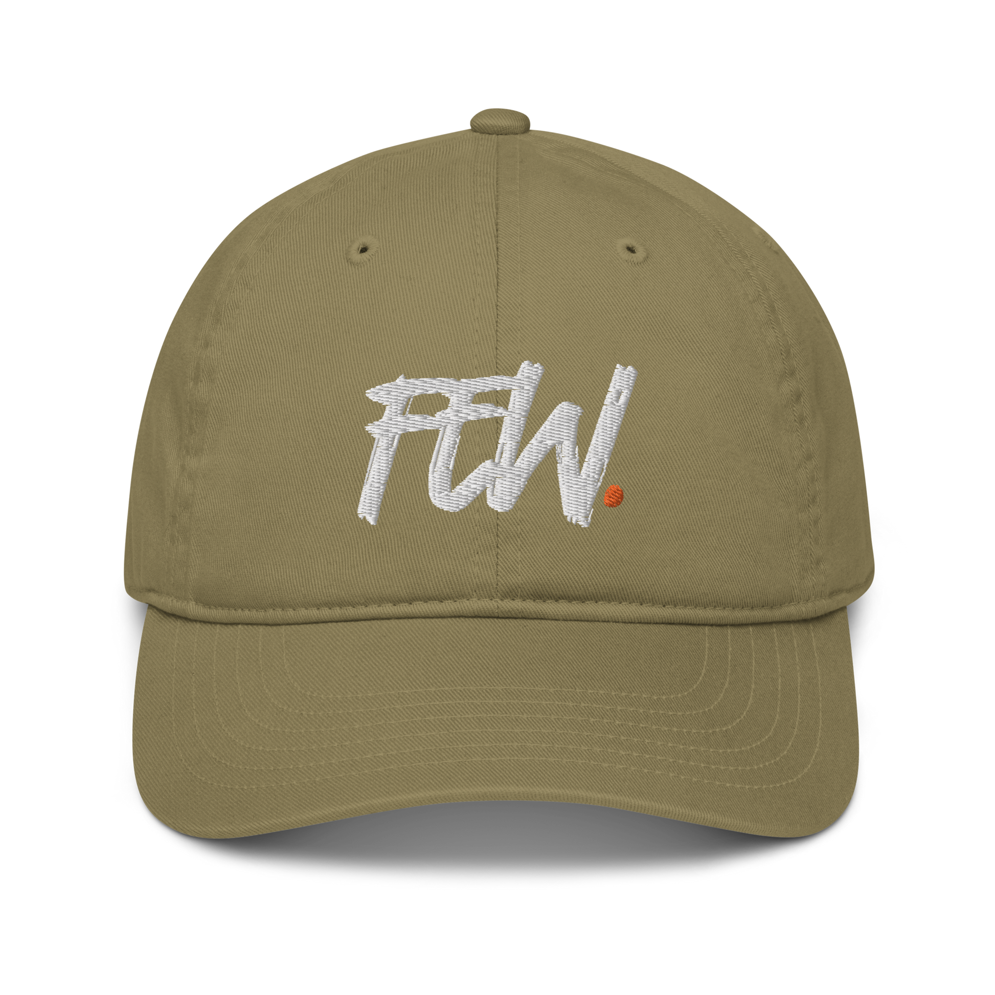 Front view of a jungle colored bitcoin dad hat.