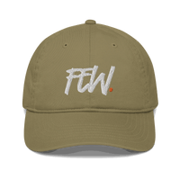 Front view of a jungle colored bitcoin dad hat.