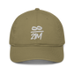 Front view of a jungle colored bitcoin dad hat.