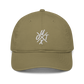 Front view of a jungle colored bitcoin dad hat.