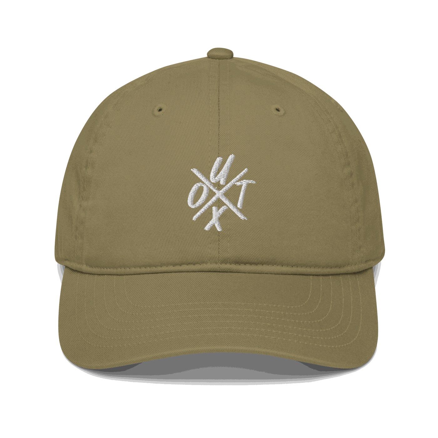 Front view of a jungle colored bitcoin dad hat.