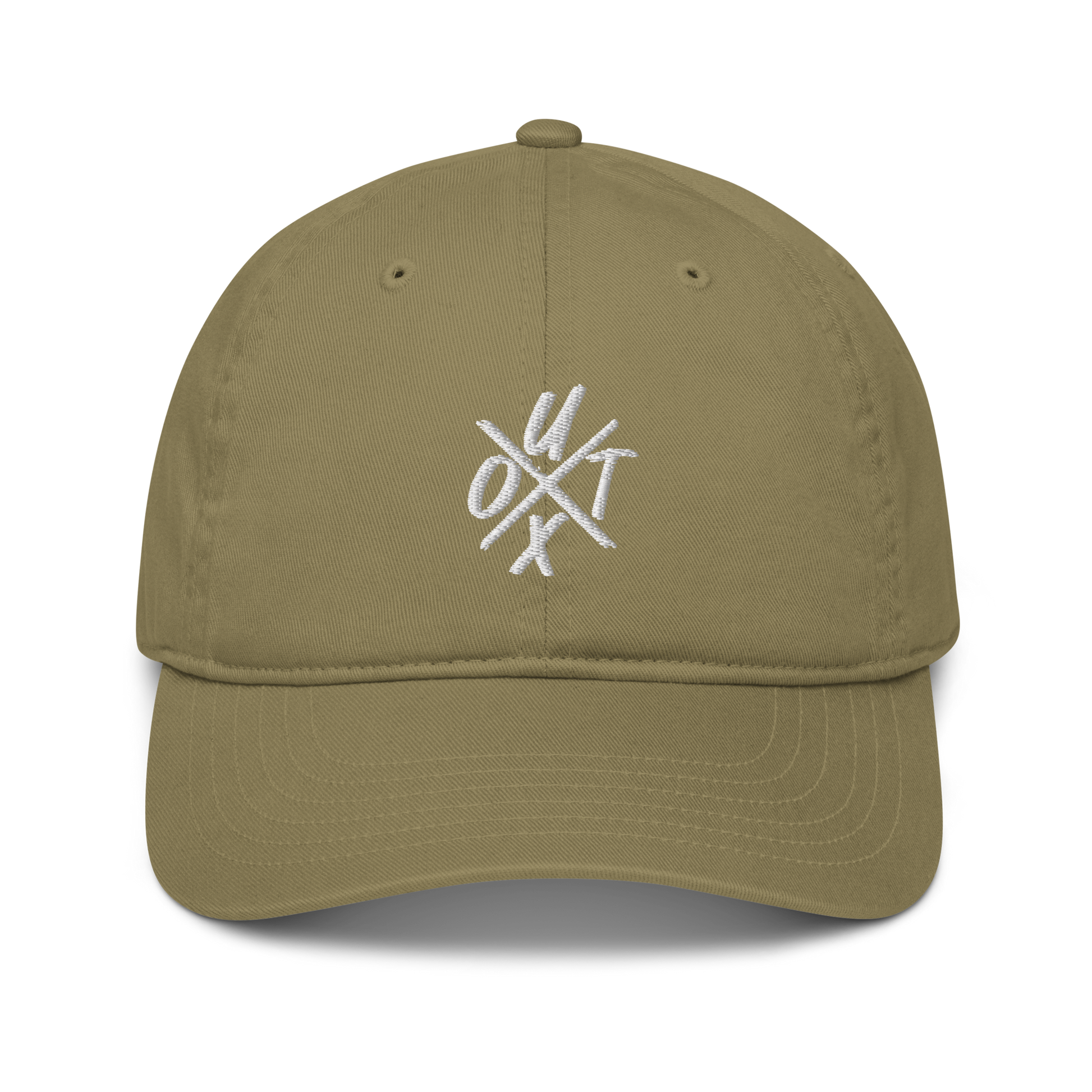 Front view of a jungle colored bitcoin dad hat.