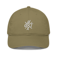 Front view of a jungle colored bitcoin dad hat.