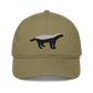 Front view of a jungle colored bitcoin dad hat.