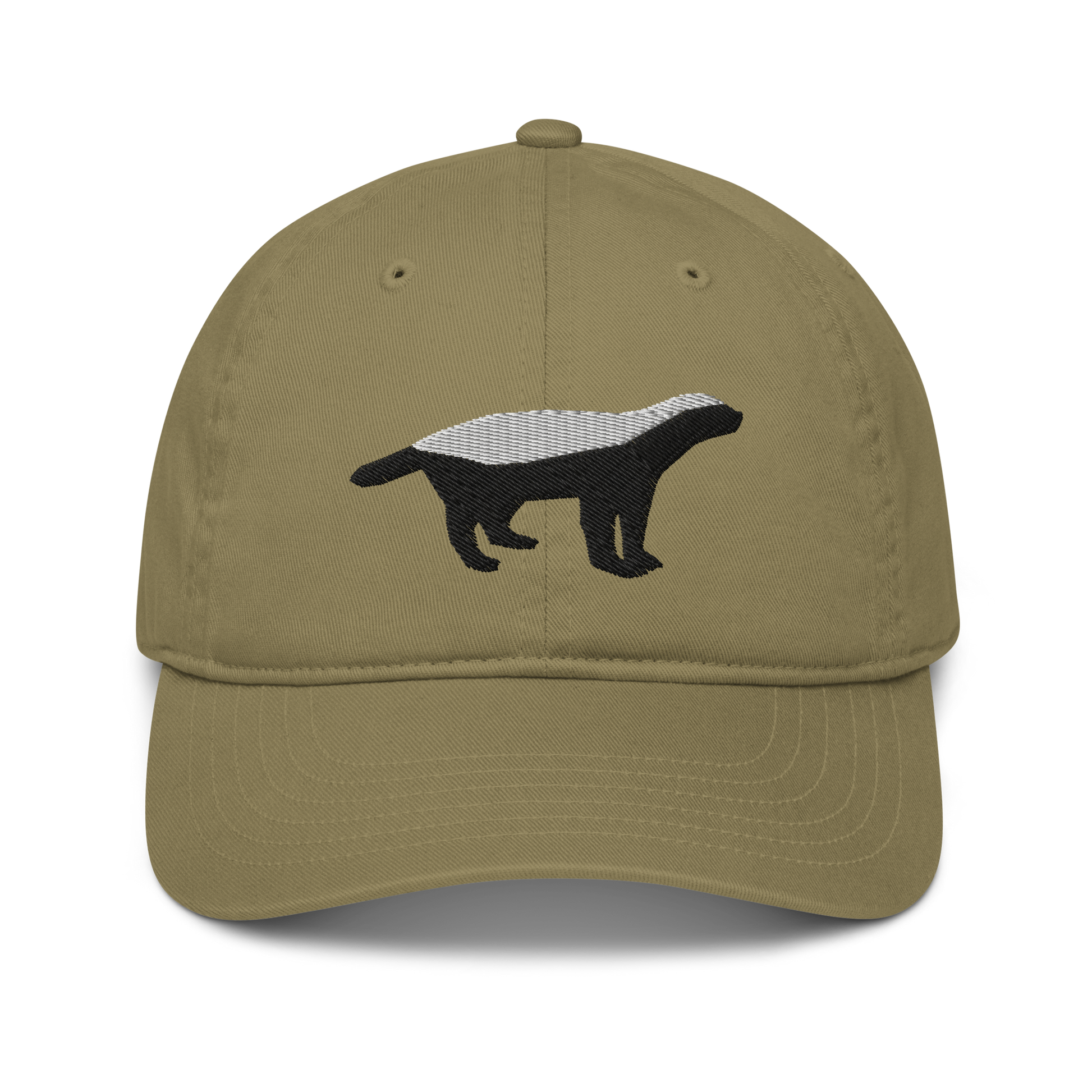 Front view of a jungle colored bitcoin dad hat.