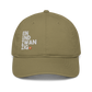 Front view of a jungle colored bitcoin dad hat.