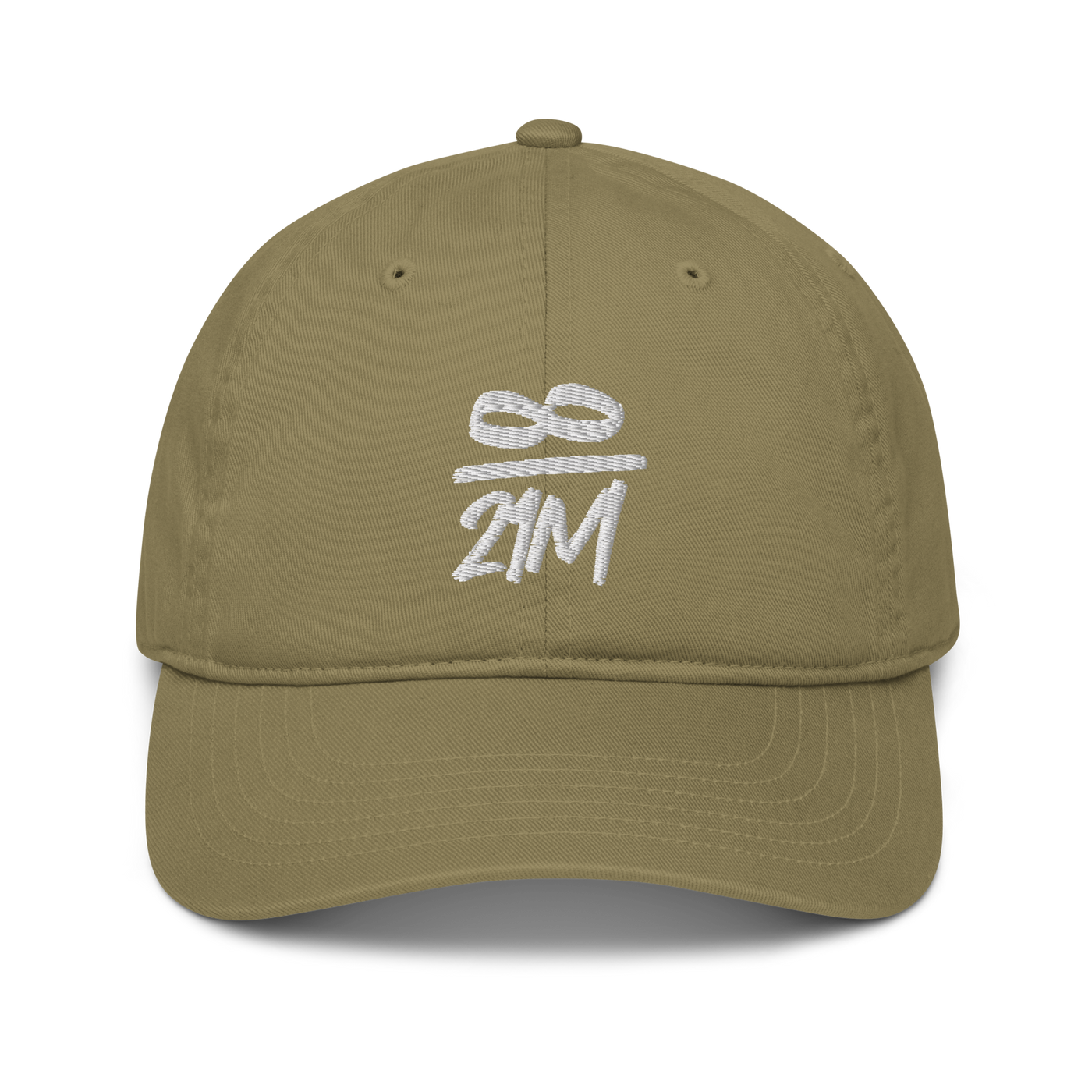 Infinity / 21M organic bitcoin dad hat in Jungle, front view.