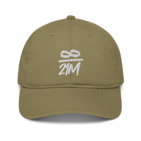 Infinity / 21M organic bitcoin dad hat in Jungle, front view.