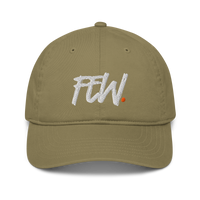 Few. organic bitcoin dad hat in Jungle, front view.