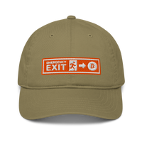 Emergency Exit organic bitcoin dad hat in Jungle, front view.