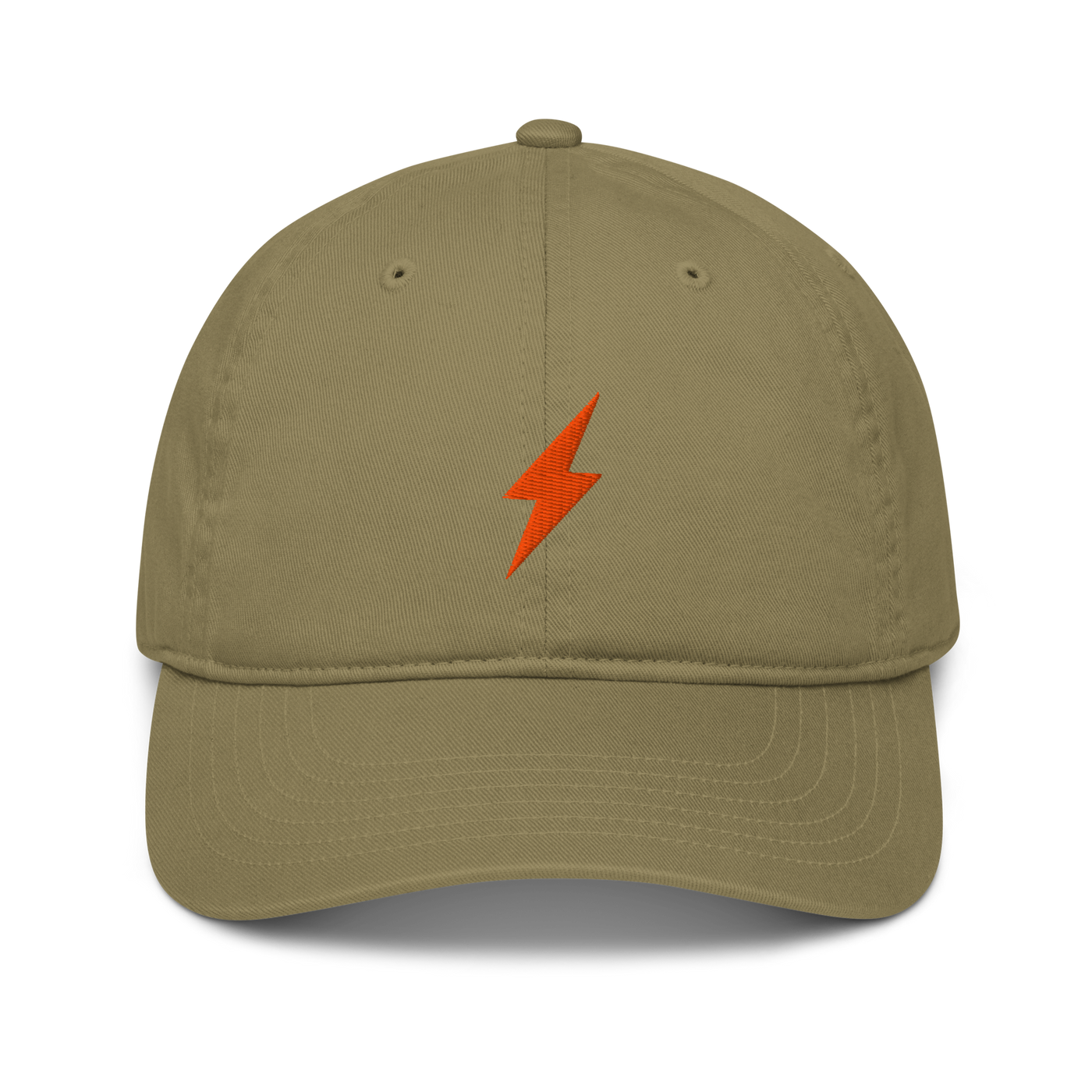 Lightning organic bitcoin dad hat in Jungle, front view.