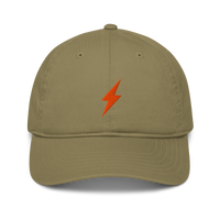 Lightning organic bitcoin dad hat in Jungle, front view.
