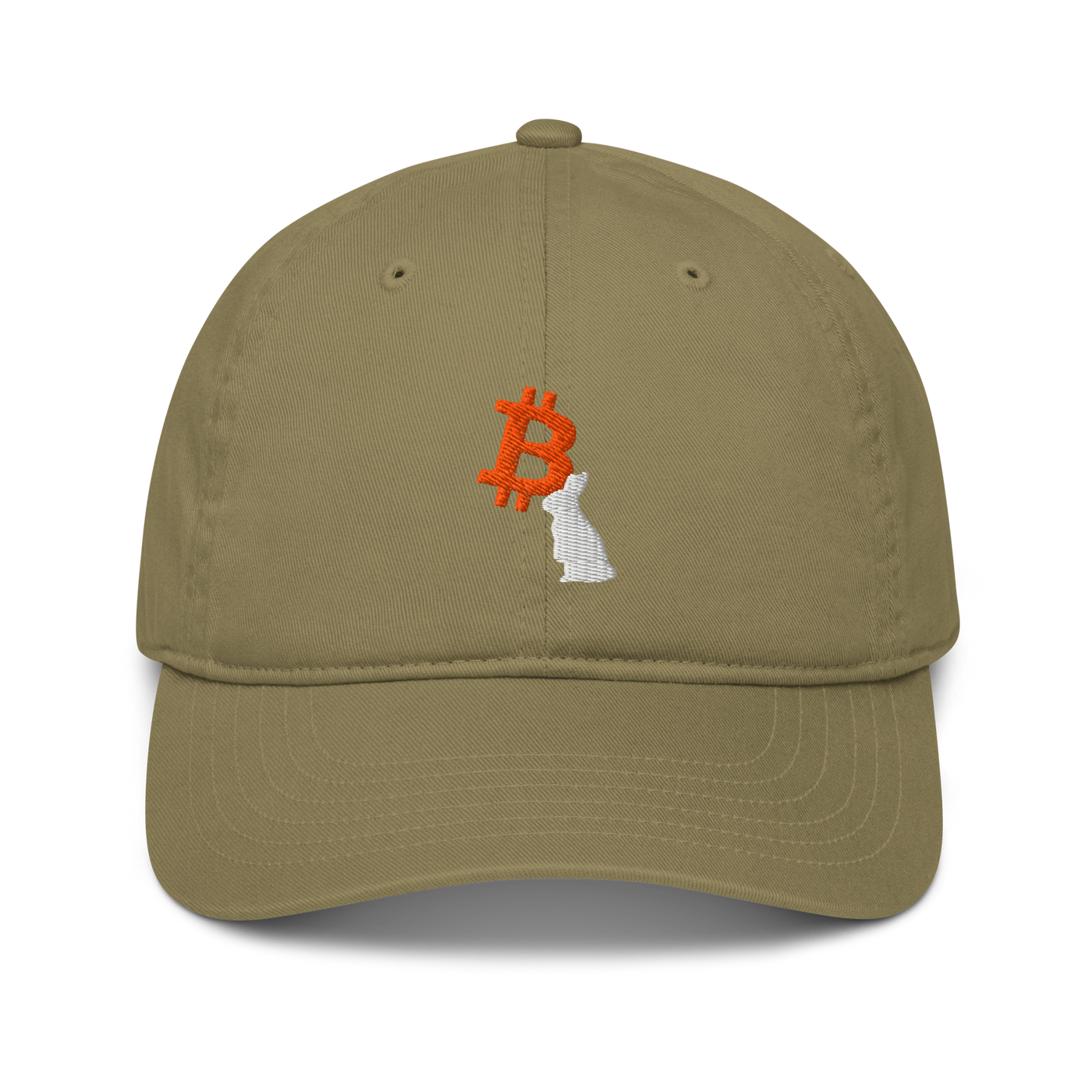 White Rabbit organic bitcoin dad hat in Jungle, front view.