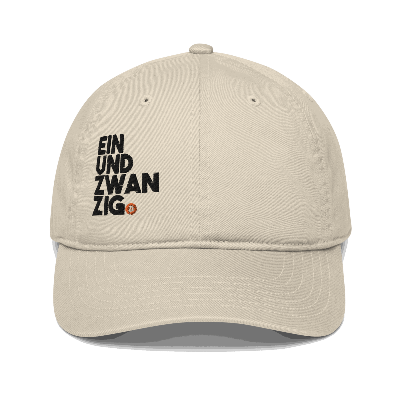 Einundzwanzig organic cotton bitcoin dad hat with adjustable closure and GOTS certification logo