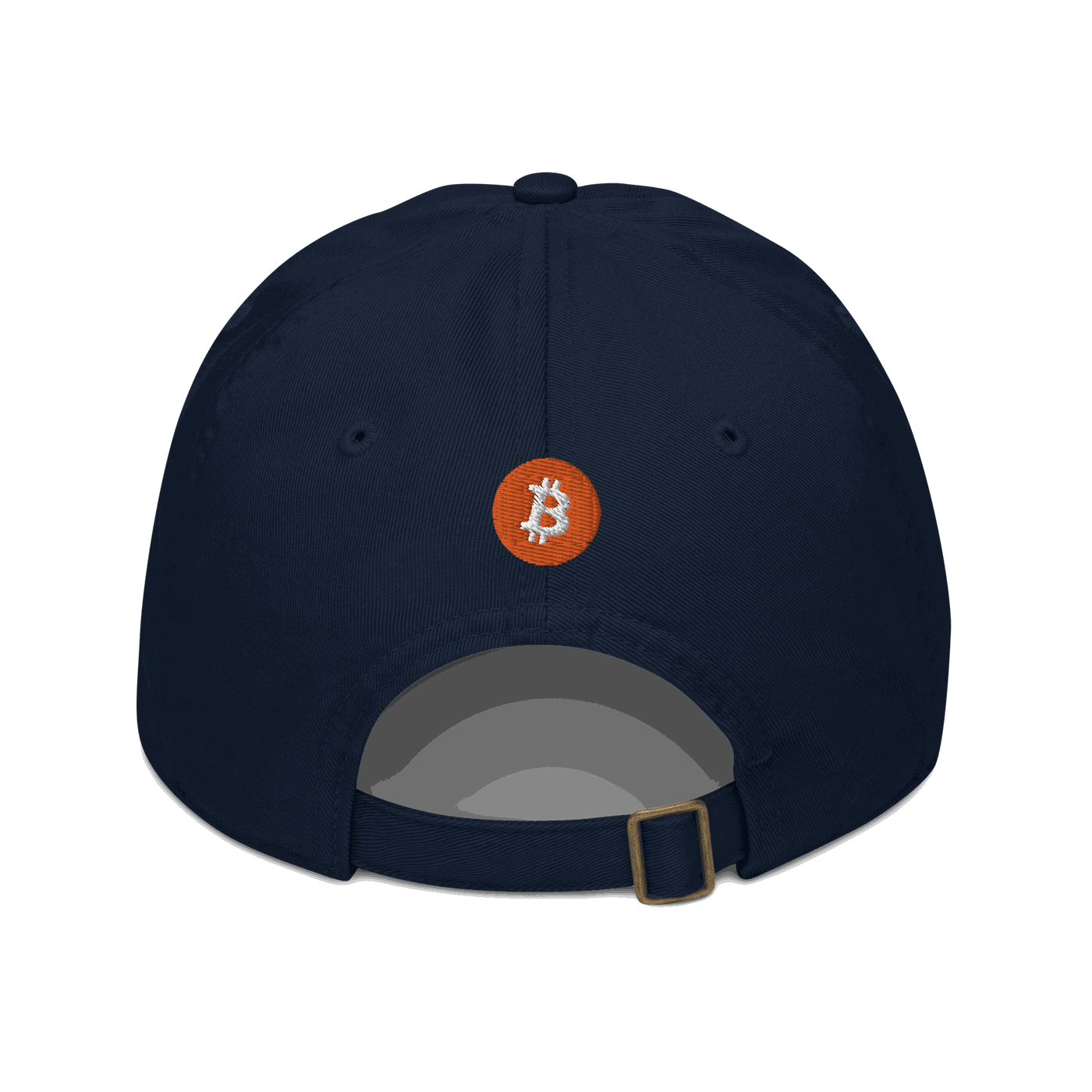 Einundzwanzig organic bitcoin dad hat in black with adjustable brass slider and GOTS certification logo