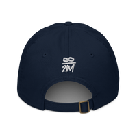 Infinity / 21M organic bitcoin dad hat in Pacific, back view.