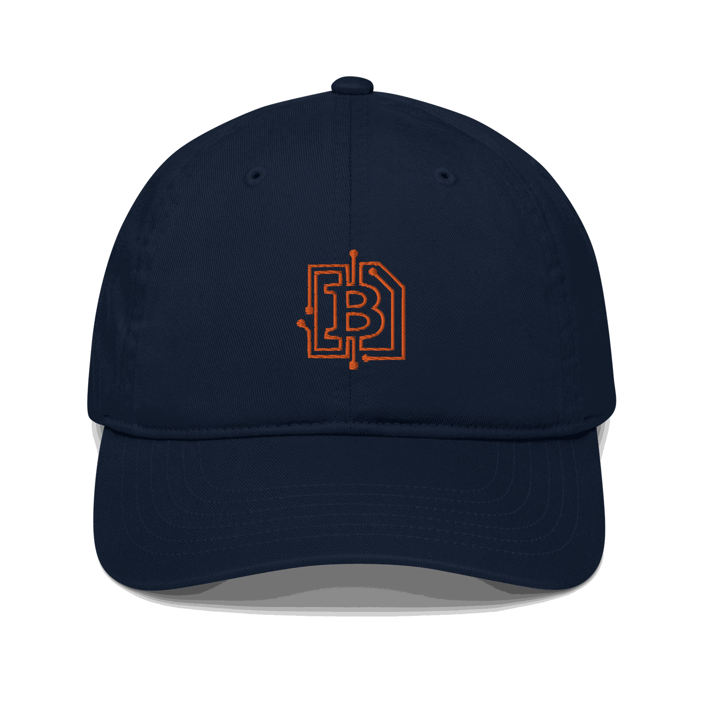 Front view of a pacific blue bitcoin dad hat.