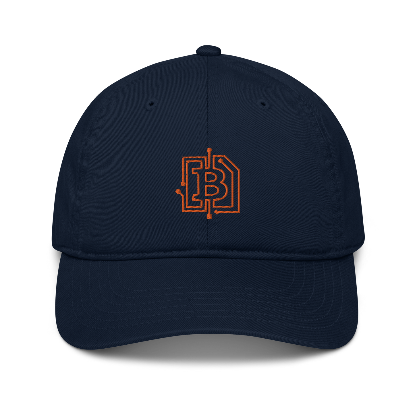 Front view of a pacific blue bitcoin dad hat.