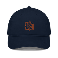Front view of a pacific blue bitcoin dad hat.