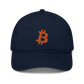 Front view of a pacific blue bitcoin dad hat.