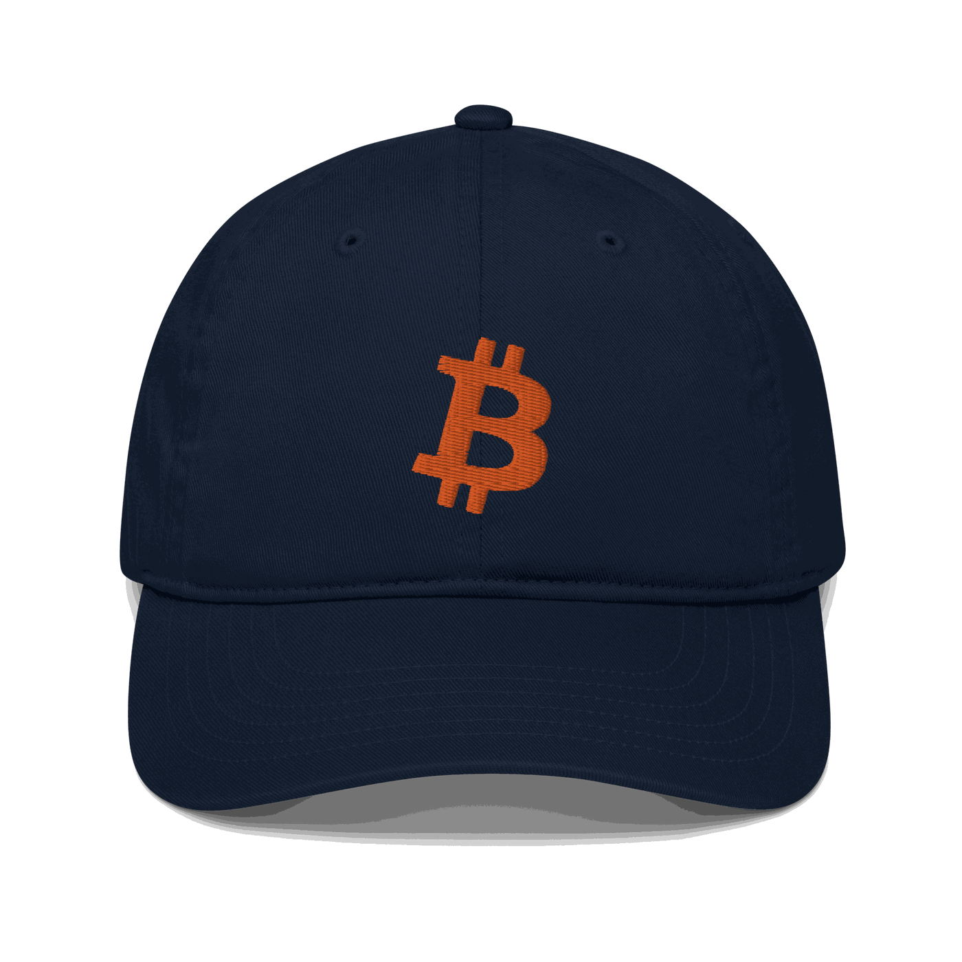 Front view of a pacific blue bitcoin dad hat.
