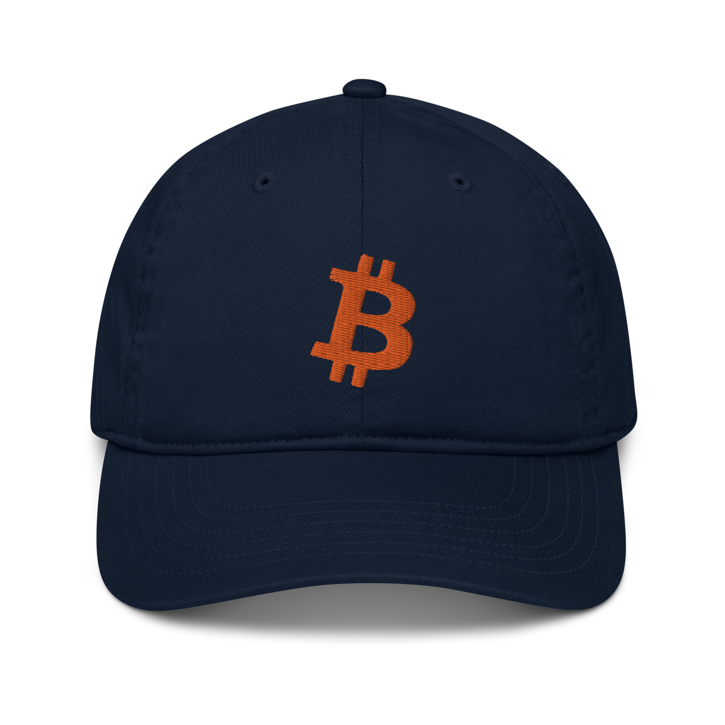 Front view of a pacific blue bitcoin dad hat.