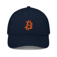 Front view of a pacific blue bitcoin dad hat.