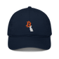 Front view of a pacific blue bitcoin dad hat.