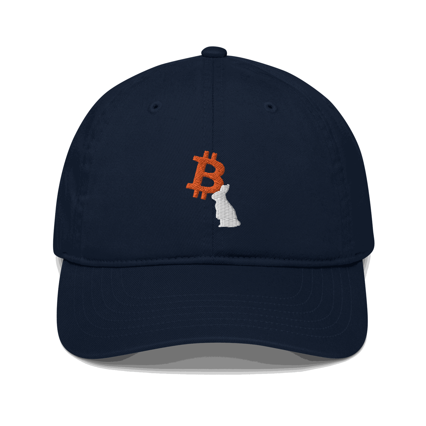 Front view of a pacific blue bitcoin dad hat.