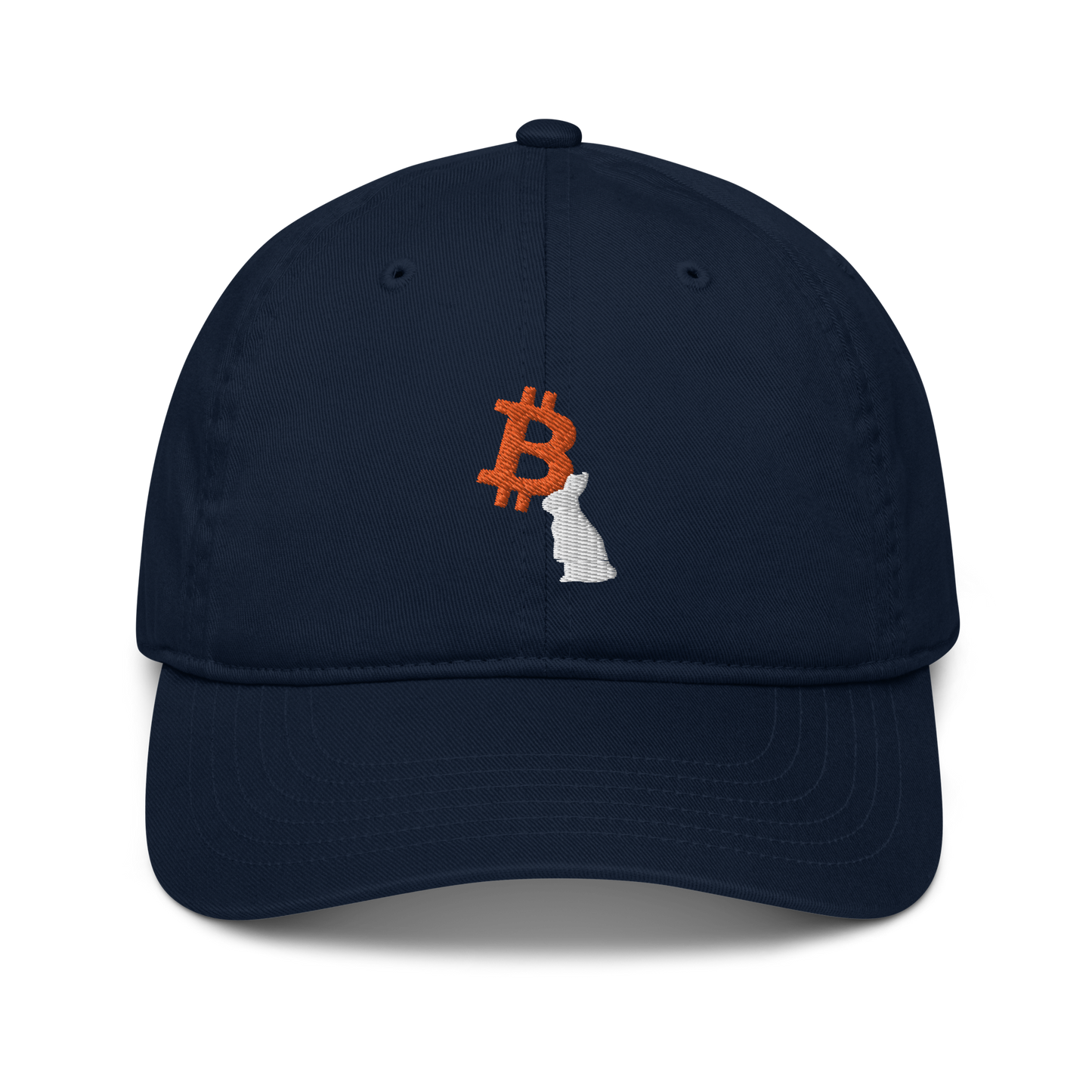 Front view of a pacific blue bitcoin dad hat.