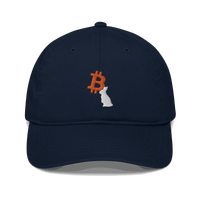 Front view of a pacific blue bitcoin dad hat.